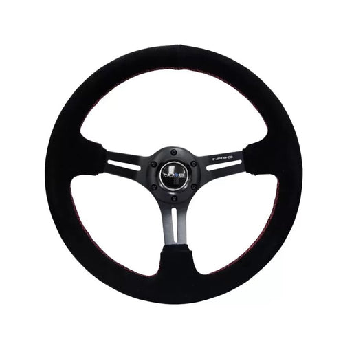 NRG Reinforced Sport Steering Wheel 350mm SUEDE 3 Inch Deep Black Leather with Red Stitch - Lunaticsco